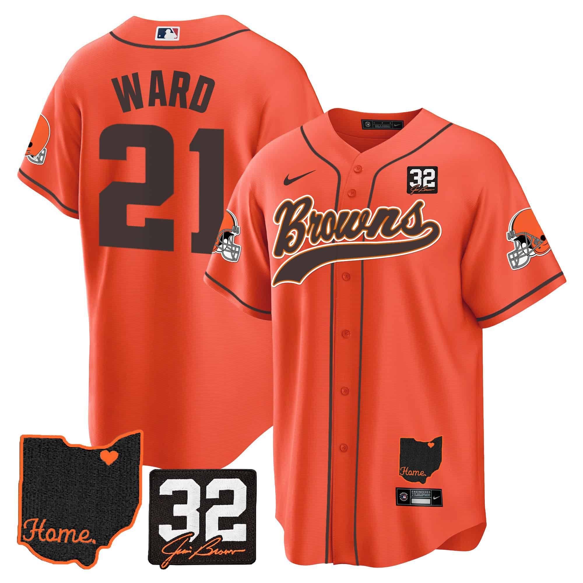 Men Cleveland Browns #21 Ward Orange Memorial Home Patch Baseball 2024 Nike NFL Jersey